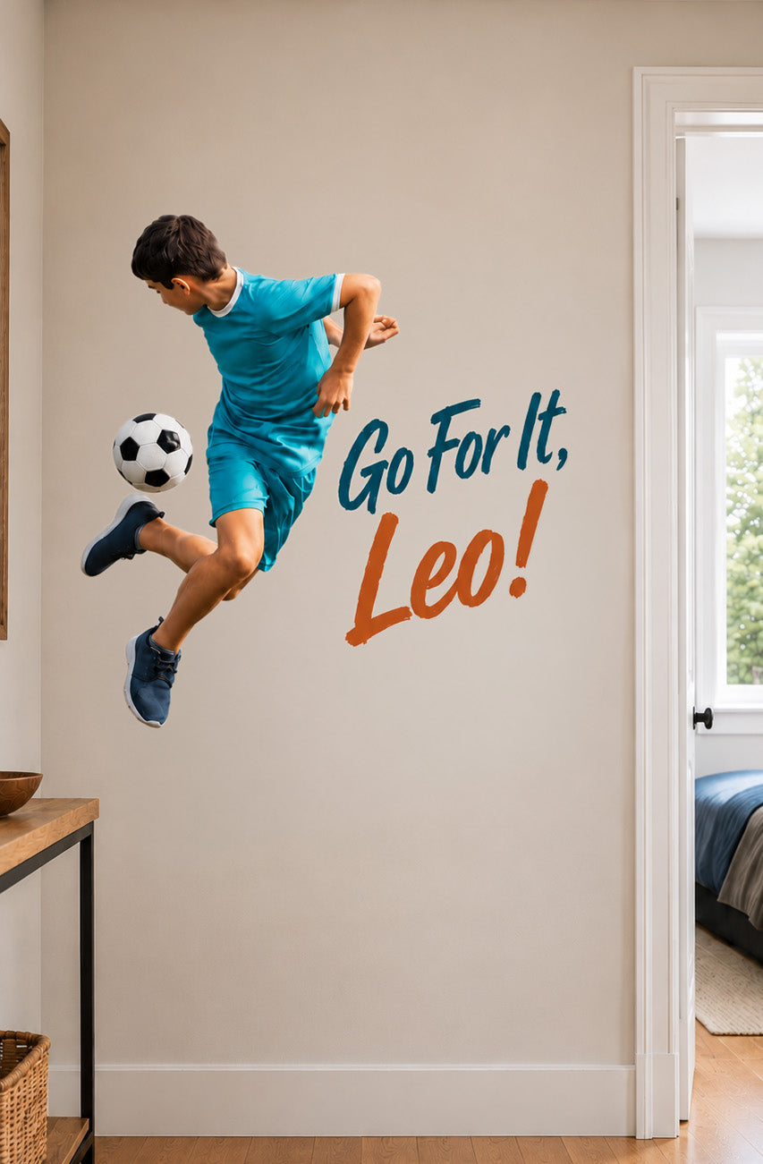 Personalised football wall sticker with the child’s name and a motivational phrase