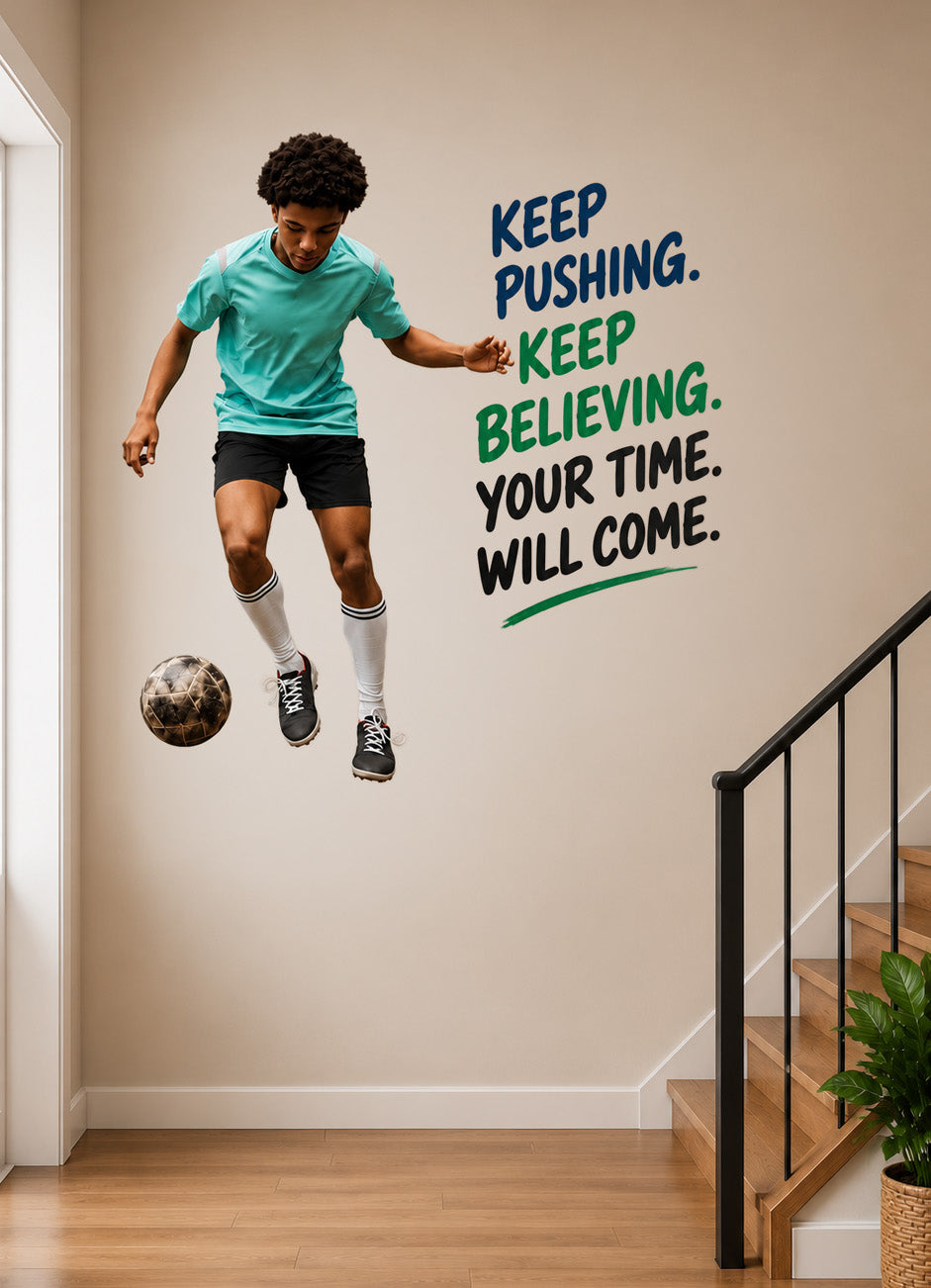 Custom football wall sticker of a boy kicking a ball in his bedroom