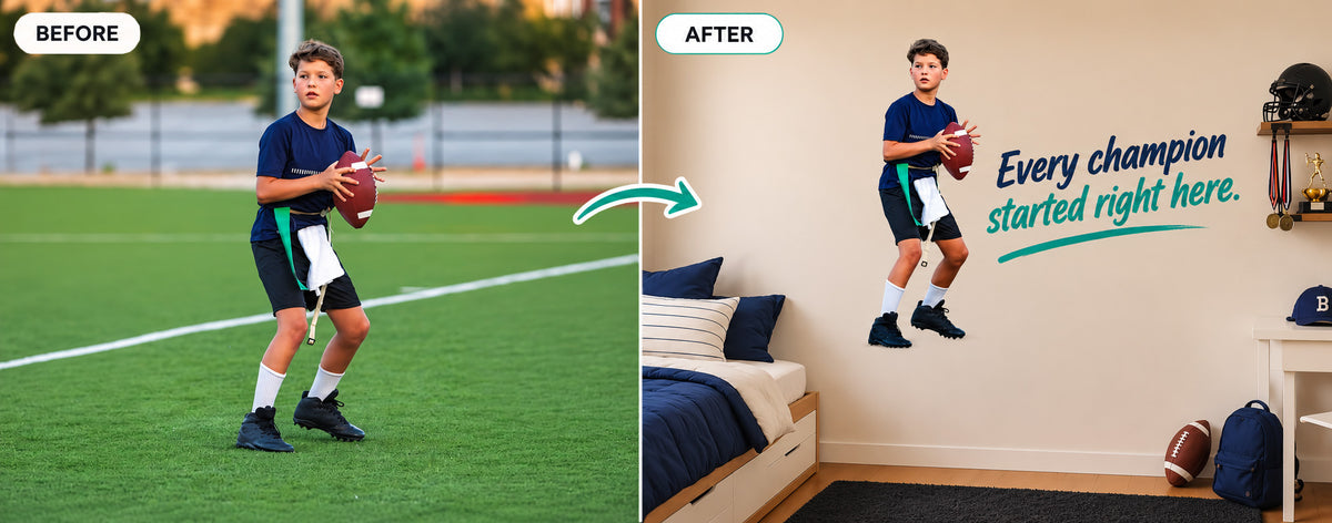 Before and after: photo of a boy holding an American football turned into a wall sticker with “Every champion started right here”