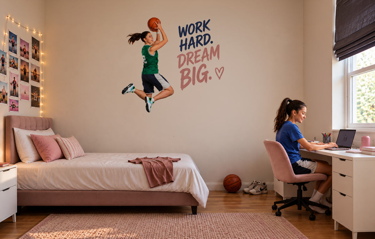 Custom basketball wall sticker of a player going for a dunk.