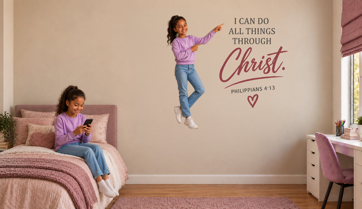 Faith wall sticker of a child praying with a Bible verse
