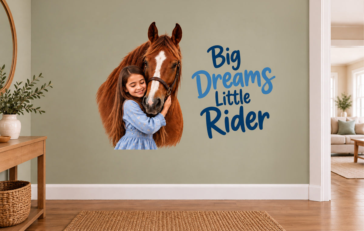 Personalised pet wall sticker of a girl hugging her horse 