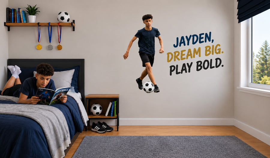 Personalised football wall sticker of a boy dribbling a ball with the words “Jayden, Dream big. Play bold.” in his bedroom.