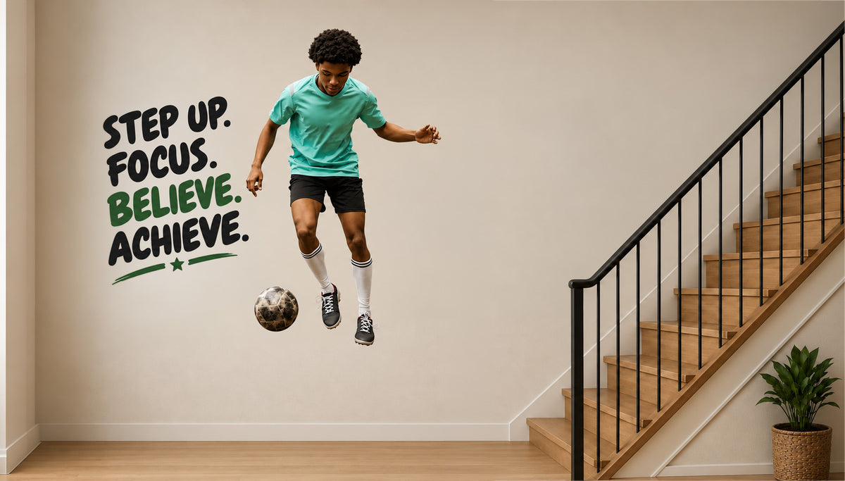 Custom football wall sticker of a boy kicking a ball in his bedroom
