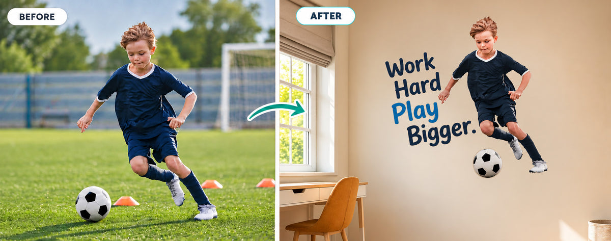 Before and after: photo of a boy playing football turned into a wall sticker with “Work hard, play bigger”