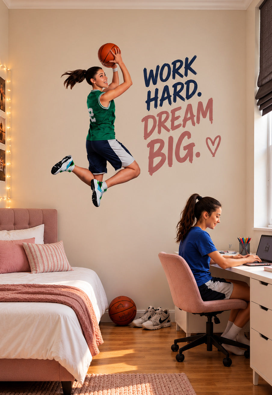 Custom basketball wall sticker of a player going for a dunk.