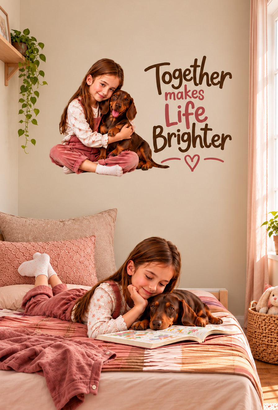Personalised pet wall sticker of a girl hugging her dog