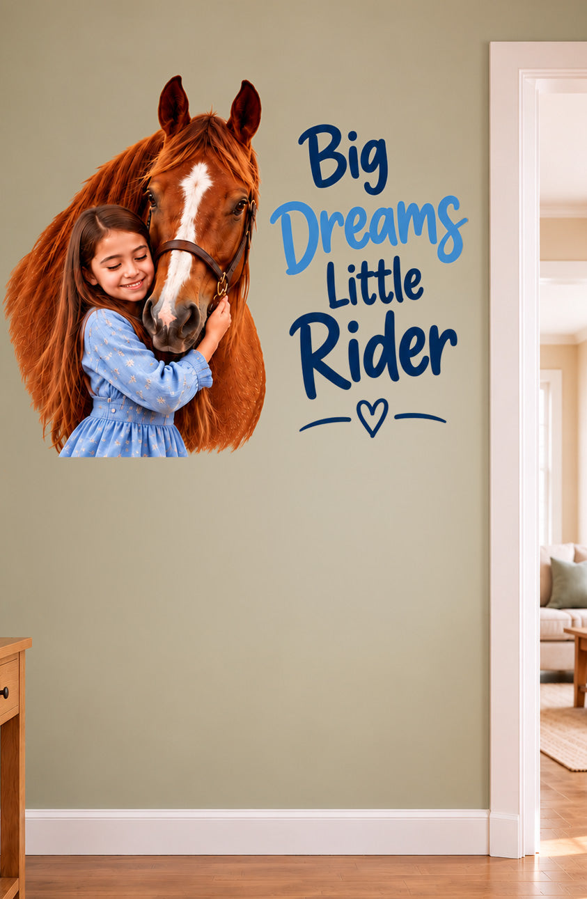 Personalised pet wall sticker of a girl hugging her horse 