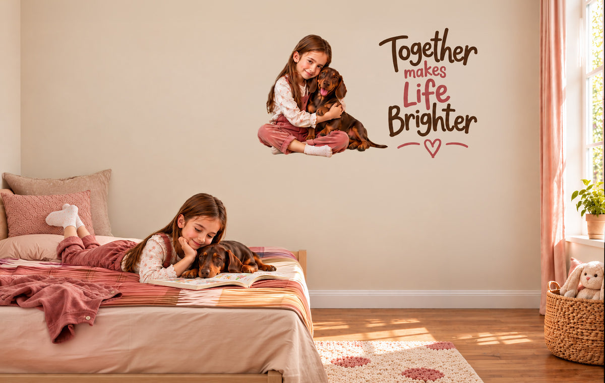 Personalised pet wall sticker of a girl hugging her dog
