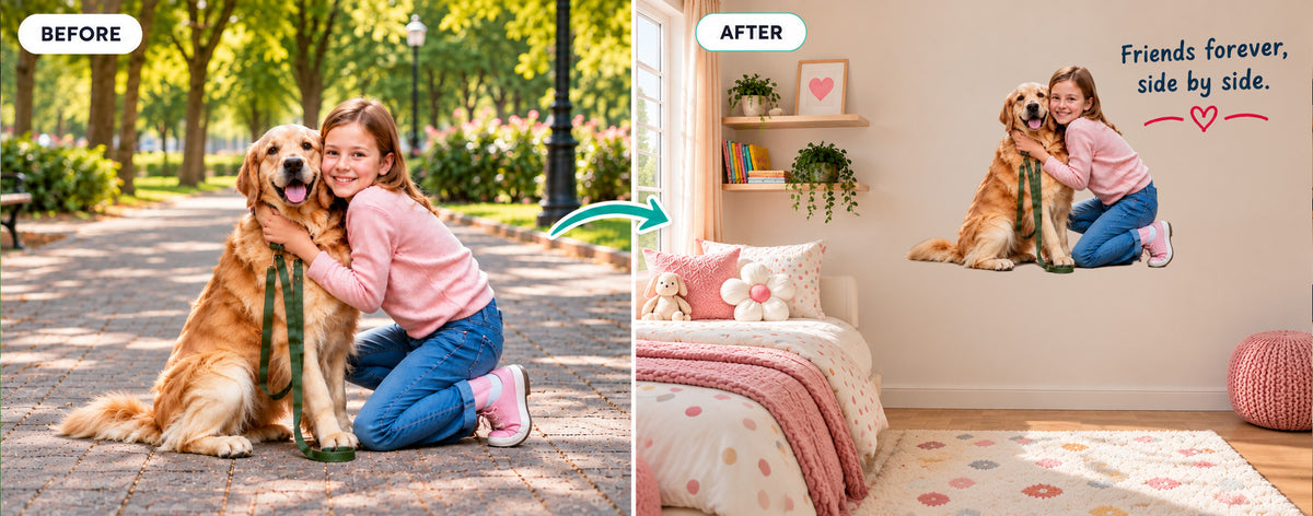 Before and after: photo of a girl hugging her dog turned into a wall sticker with “Friends forever, side by side”